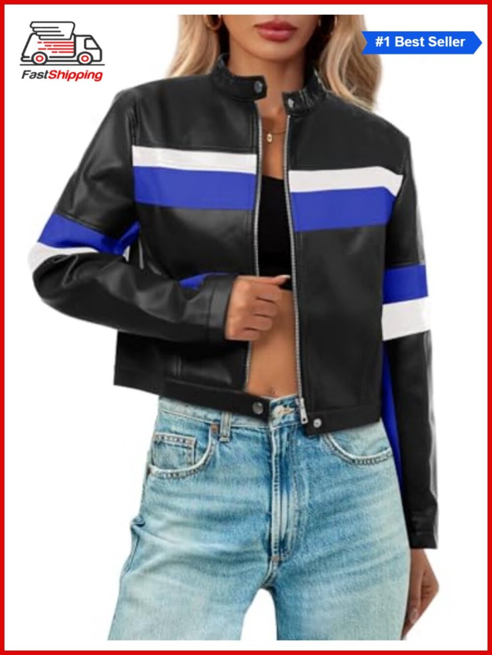 ✨ Cropped Faux Leather Moto Biker Bomber Jacket Color Block Racing Coat